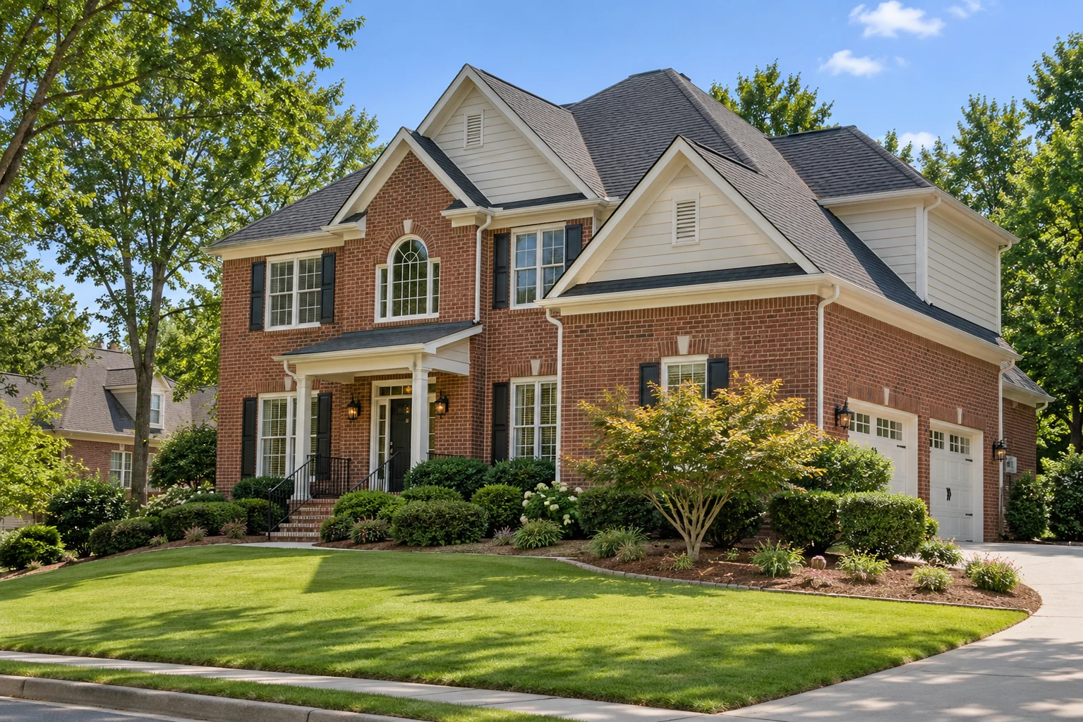 Brick and siding home with a pitched roof in a leafy Georgia setting