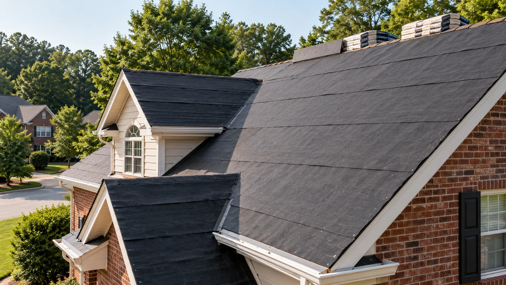 Dark underlayment on a pitched residential roof