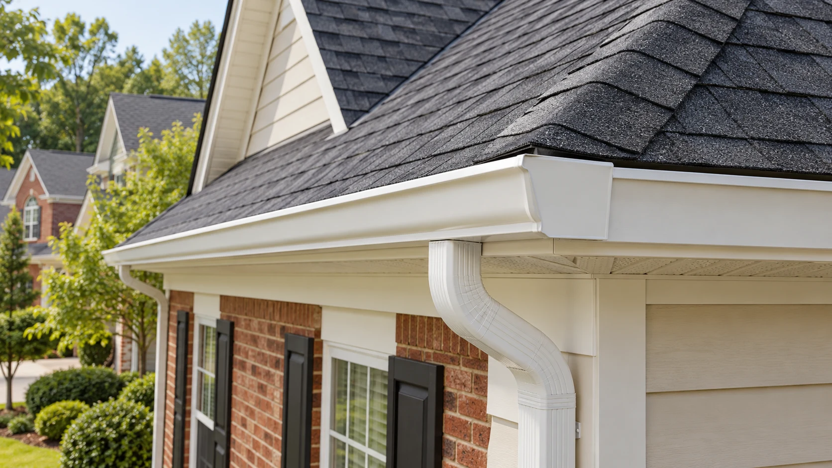 White gutter and downspout at a shingle roof eave