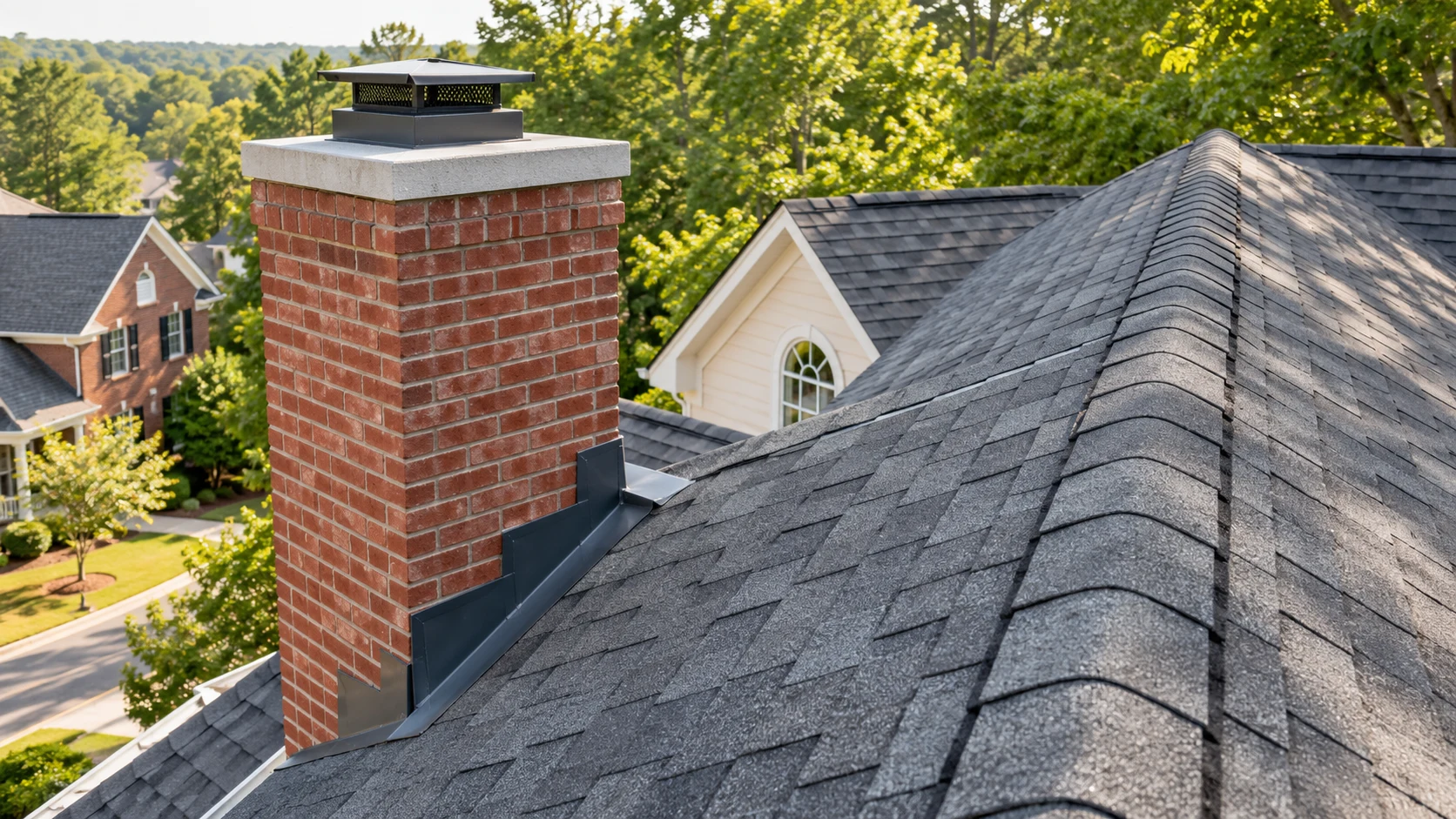 Charcoal roof ridge beside a brick chimney