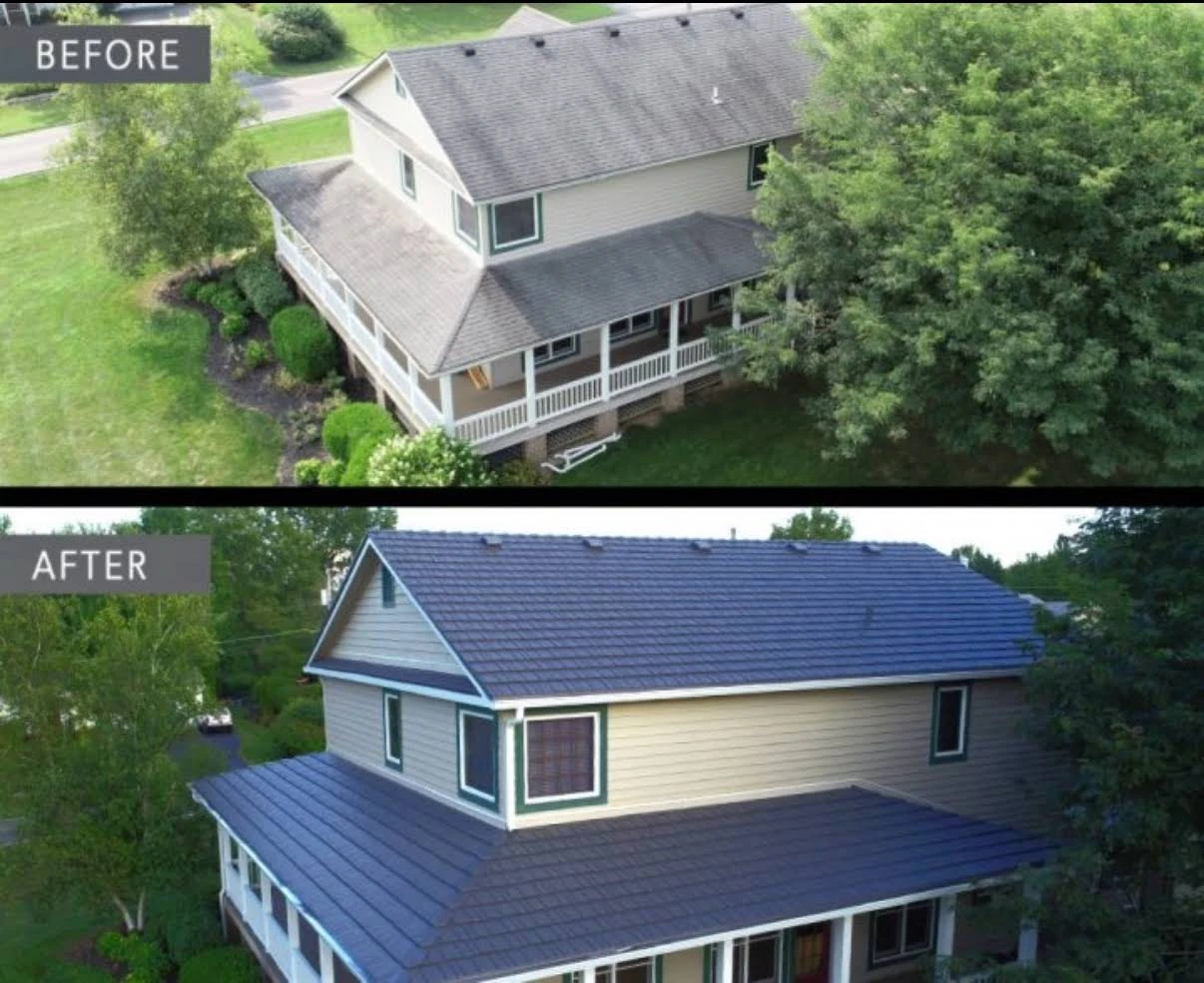 Before and after photographs of a two-story home and its roof