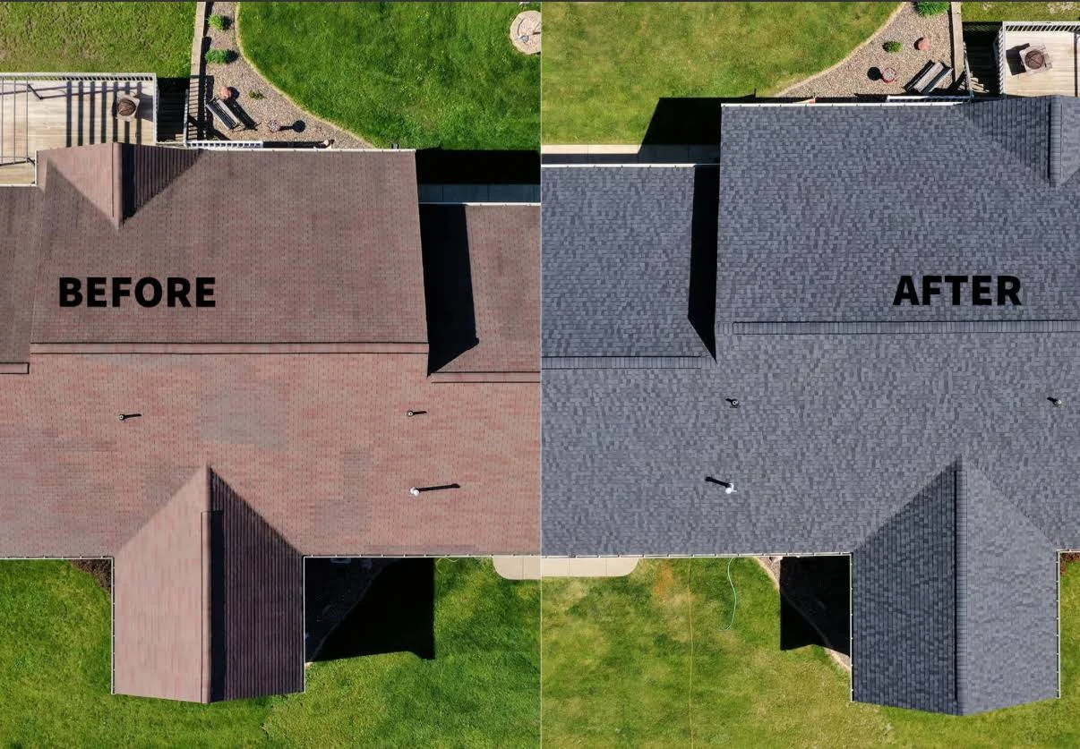 Before and after overhead photographs of a shingle roof