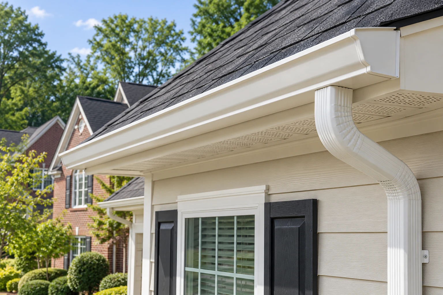 White gutter and downspout at a roof edge