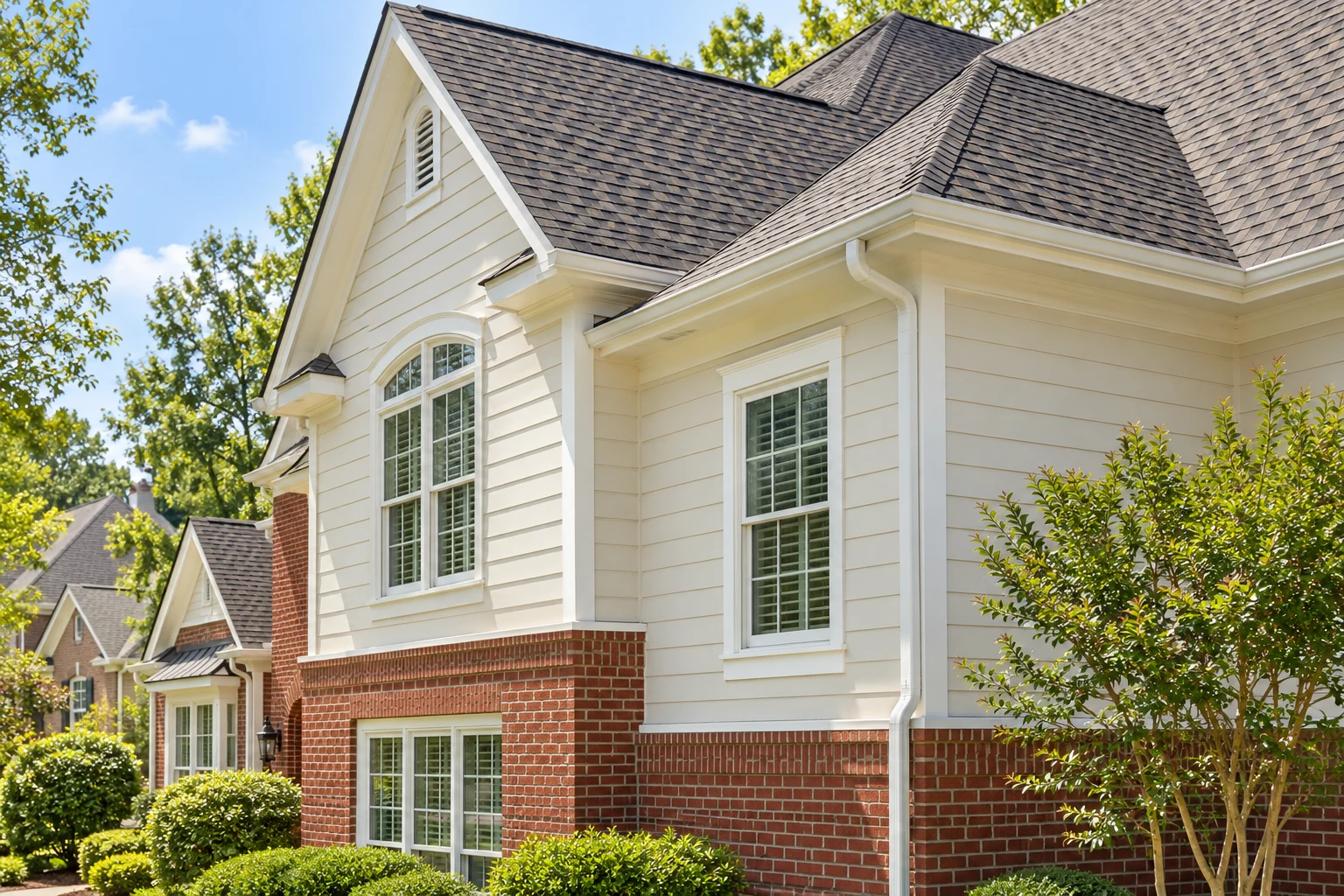 Cream siding with white gutters on a suburban Georgia home