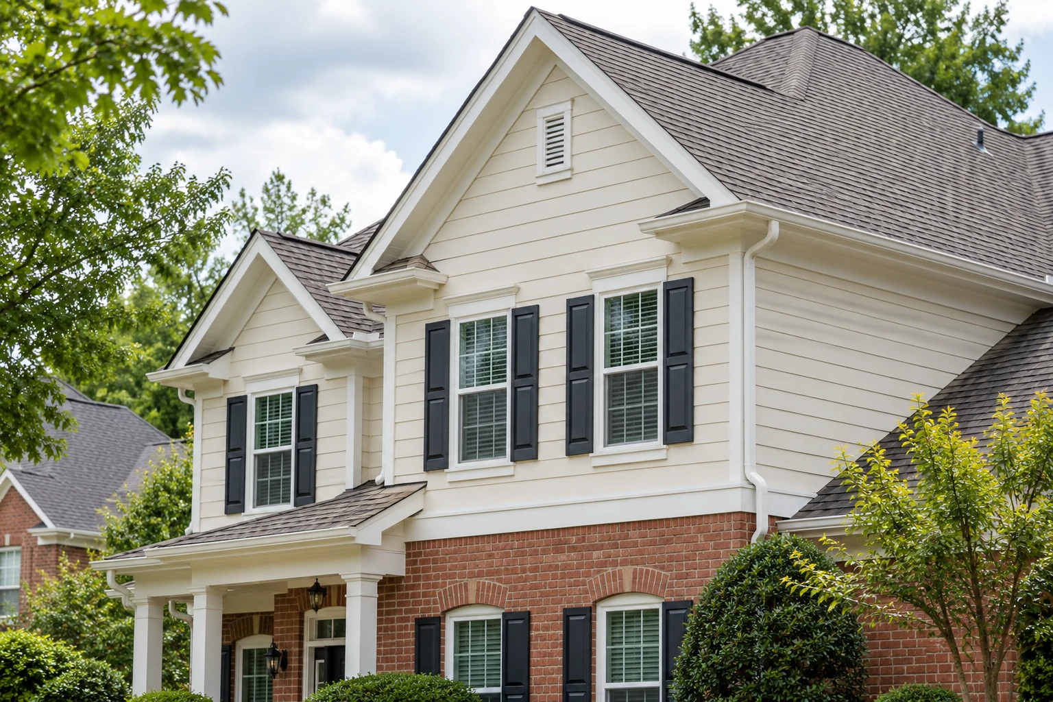 Cream siding with white gutters on a suburban Georgia home
